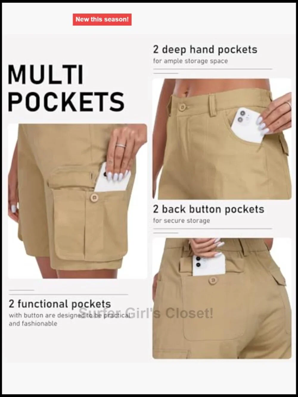 Women's Cargo Knee Length Bermuda Shorts Cotton Spandex Elastic Waist Zip Fly
